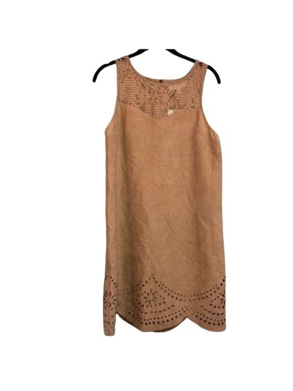 NWT Sleeveless Tan Suede Dress With Lace Overlay & Laser-Cut Hem